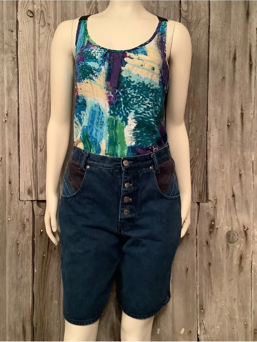 Vintage 80s High Waisted Blue Denim Burmuda Shorts Womens 28” Waist /Top BUNDLE